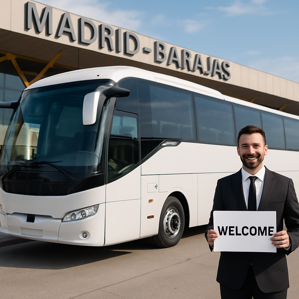 A modern, climate‑controlled coach parked at Madrid‑Barajas airport with a smiling driver holding a welcome sign. Alt: coach hire Spain group transport ready for pickup.