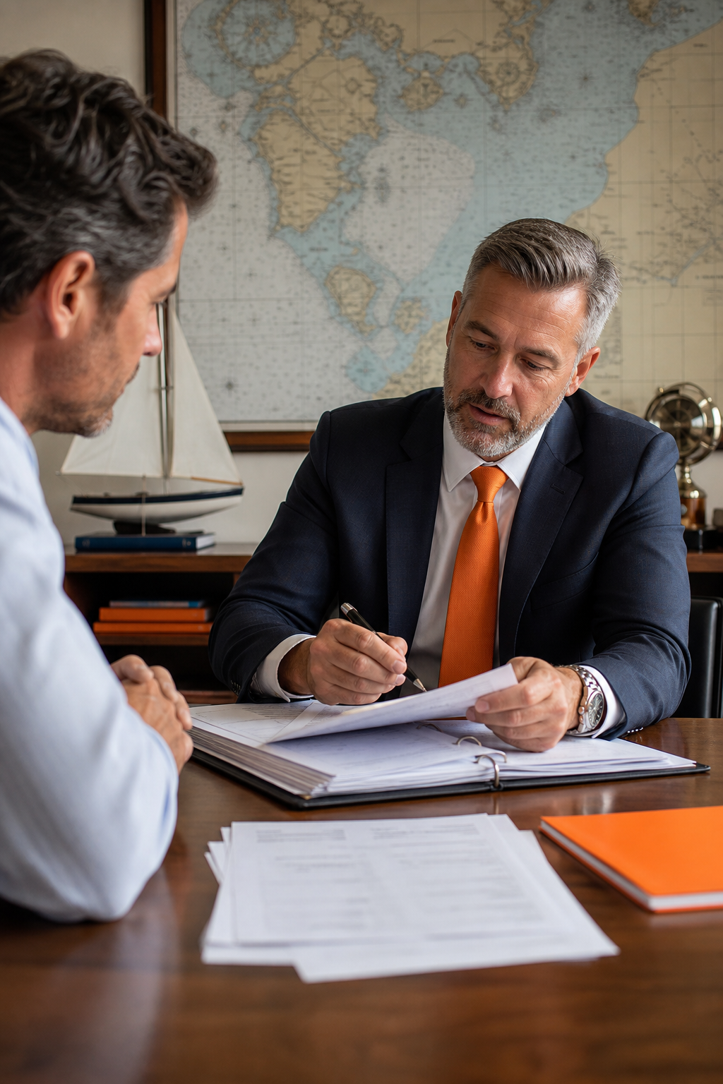 A photorealistic image of a maritime attorney reviewing vessel documents with a client in an office, with nautical charts on the wall. Alt: Maritime attorney advising a vessel owner on coast guard compliance