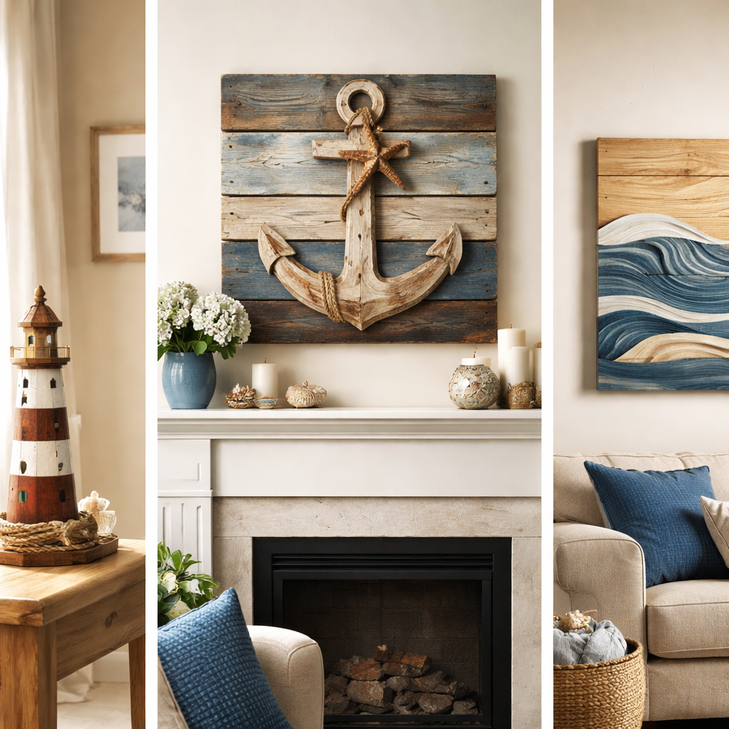 A photorealistic scene of a cozy Dartmouth living room showcasing three wooden decor pieces – a hand‑carved lighthouse ornament on a side table, an anchor‑shaped wall sign above a mantel, and a wave‑patterned wood panel on a gallery wall. Natural light streams through a window, highlighting the warm grain and maritime colours. Alt: Comparison of popular coastal wood decor motifs in a realistic home setting.