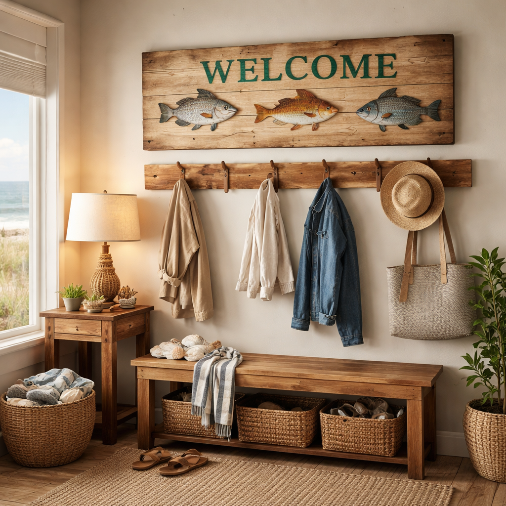 A photorealistic scene of a coastal‑inspired entryway featuring a handcrafted pine wood sign with fish motifs, natural wood hooks holding coats, warm lighting highlighting the grain, and a subtle view of the Atlantic shoreline through a nearby window. Alt: Coastal wood decor for entryway showcasing handcrafted pine sign and natural finishes.
