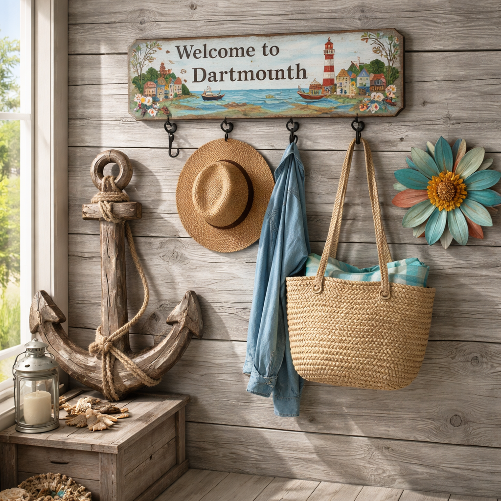 A photorealistic scene of a Dartmouth cottage entryway featuring a hand‑painted folk art wooden sign with four hooks, a rustic standing anchor with jute rope, and a vibrant handcrafted wooden flower, all arranged on a drift‑grey pine wall under natural daylight, showcasing the textures and colours of coastal wood decor for entryway. Alt: Coastal wood decor for entryway