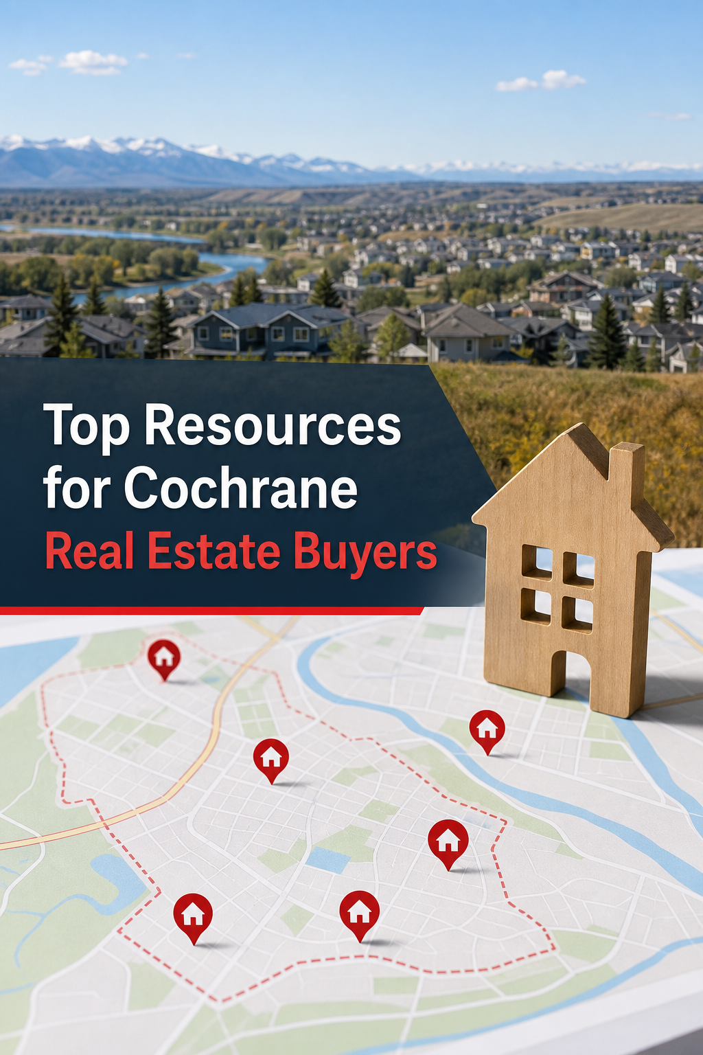 A realistic view of a Cochrane neighbourhood map highlighting homes for sale