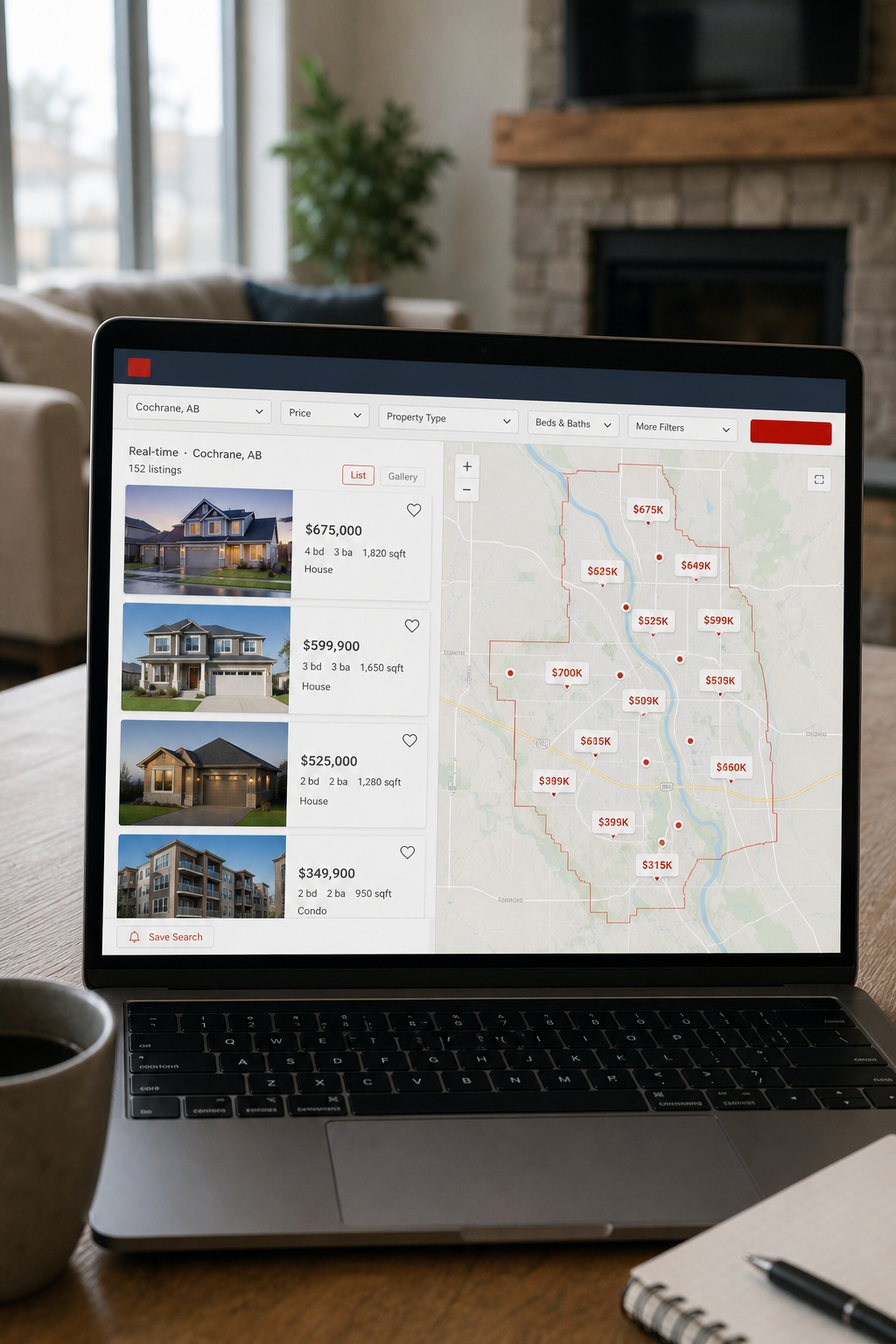 A realistic screenshot of a MLS real-time listings interface for Cochrane area
