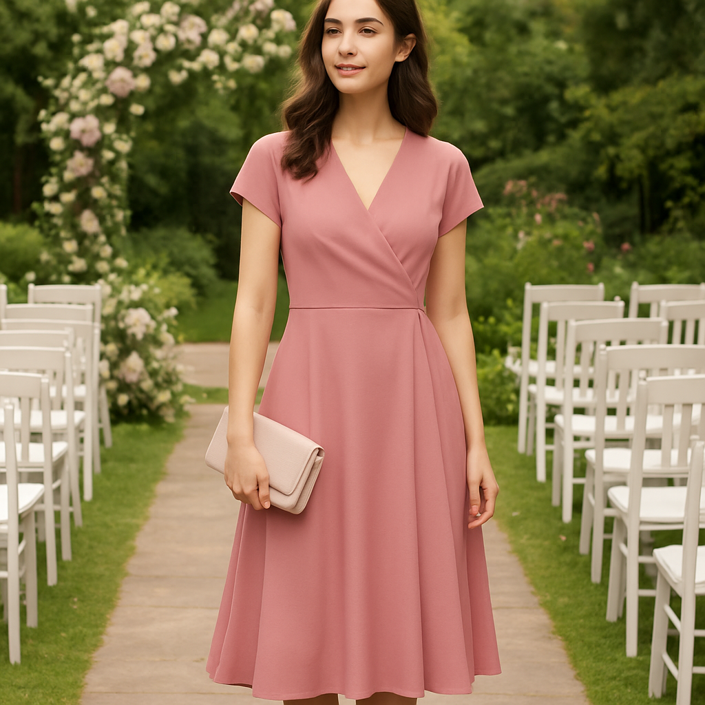 An elegant woman standing in a garden wedding venue, wearing a classic A‑line wrap cocktail dress in soft dusty rose, holding a delicate clutch. Alt: Elegant classic cocktail dress for wedding guest, soft dusty rose A‑line wrap style