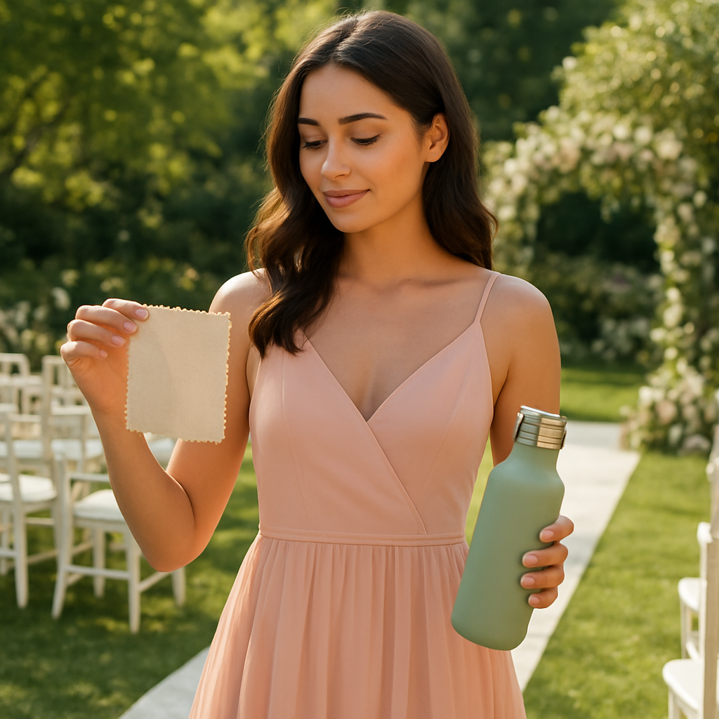 A sunlit outdoor garden wedding setting with a guest wearing a pastel chiffon cocktail dress, holding a sustainable fabric swatch, and a reusable water bottle beside her. Alt: Seasonal sustainable cocktail dresses for wedding guest, pastel chiffon, recycled wool, upcycled velvet.