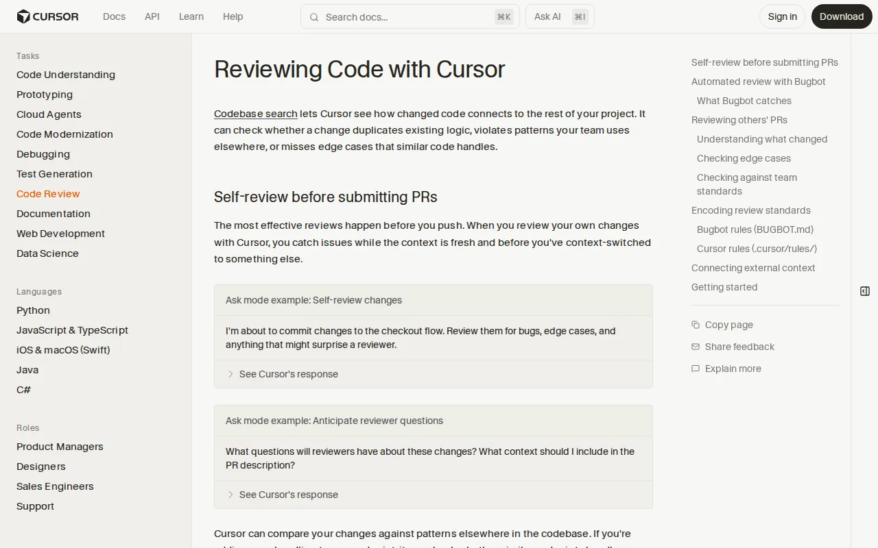 Cursor: visual reference for 4. Cursor — IDE‑Native Pre‑PR Review Tab