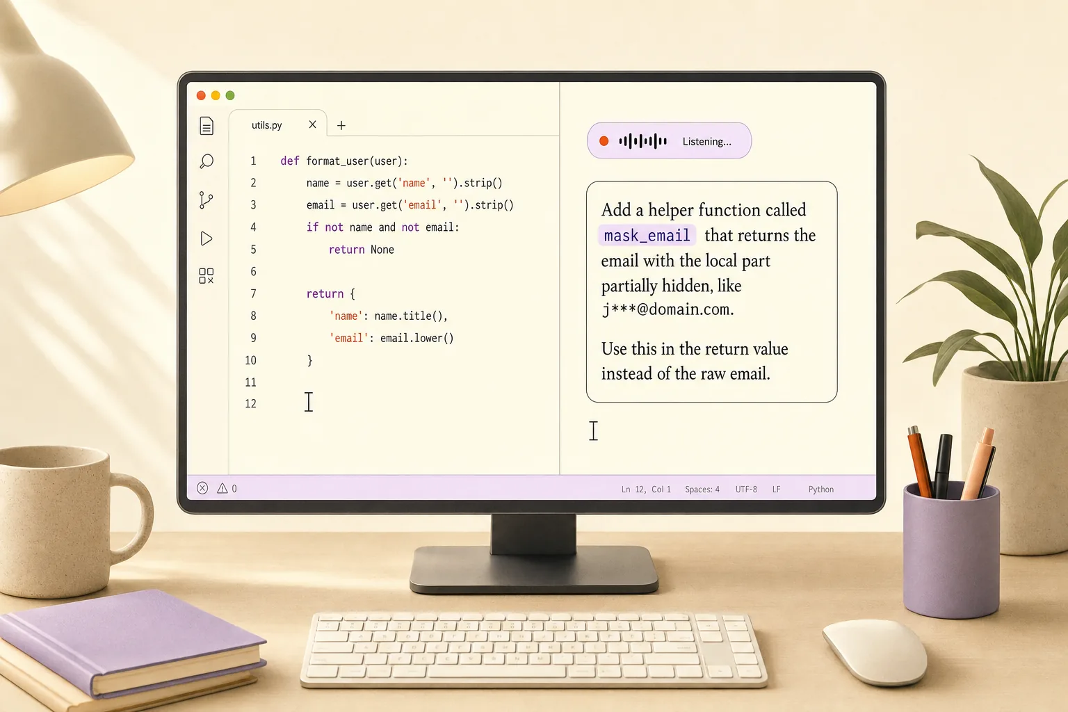 Using voice to describe a code change in an AI assistant prompt