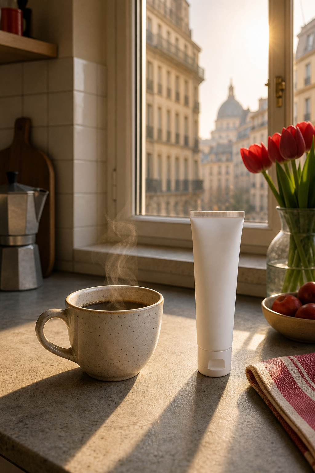 A photorealistic kitchen counter at sunrise with a steaming cup of black coffee beside an unbranded white sunscreen tube, warm morning light through a window. Alt: coffee and sunscreen combo tips for a morning routine.