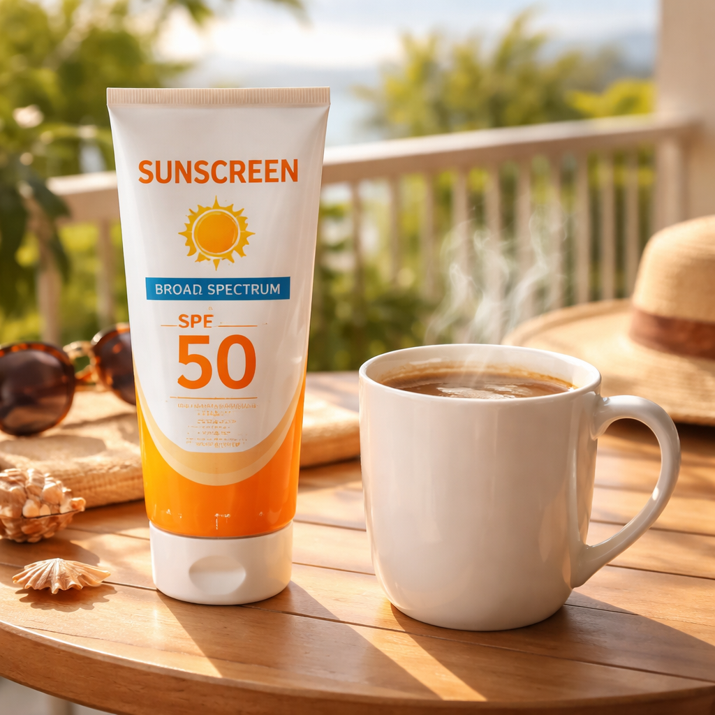 A realistic close‑up of a sunscreen tube and a coffee mug on a sunny balcony. Alt: broad‑spectrum sunscreen and coffee safety.