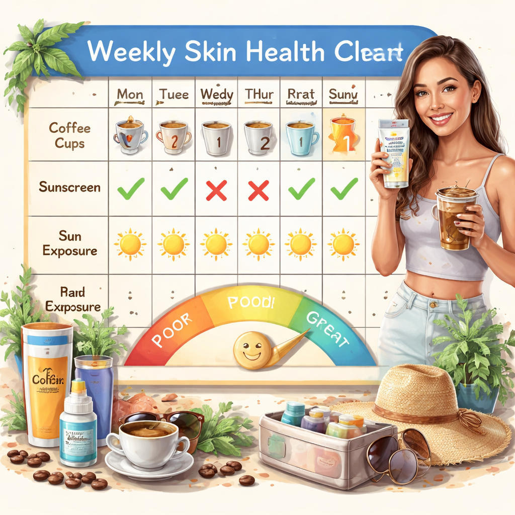 Illustration of a weekly skin health chart linking coffee intake, sunscreen use, and sun exposure. Alt: monitoring skin health with coffee and sunscreen.