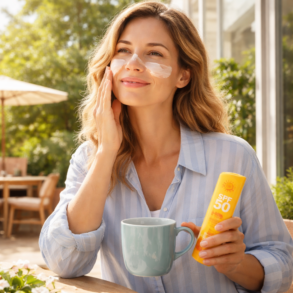 A photorealistic scene of a person in a casual shirt applying sunscreen to their face and hands while holding a coffee mug, sunny patio background. Alt: coffee and sunscreen tips