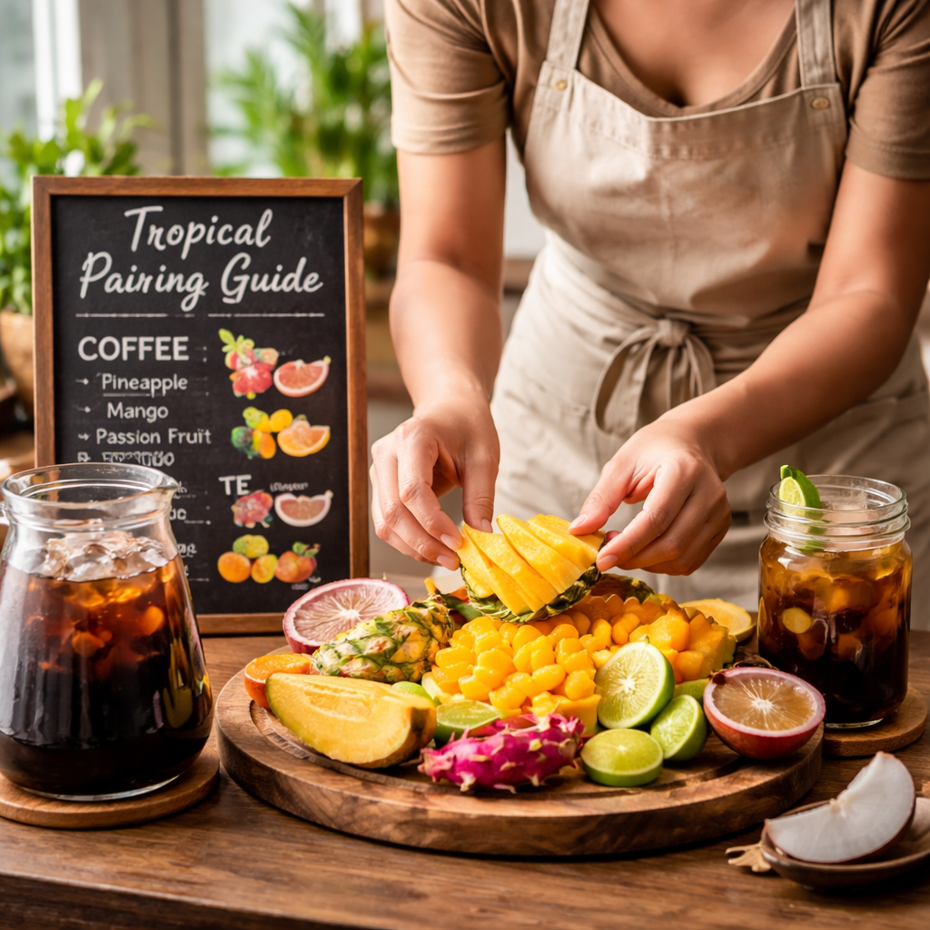 A photorealistic scene of a barista arranging tropical fruit slices next to a cold brew pitcher, highlighting coffee and tea tropical pairing guide. Alt: Barista choosing tropical flavors for coffee pairings
