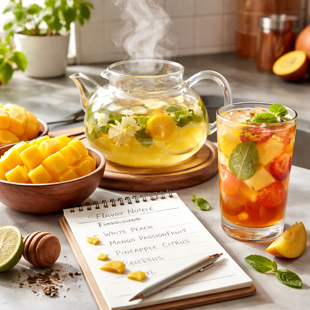 A photorealistic scene of a kitchen counter with a steaming pot of white tea, a bowl of fresh mango slices, a glass of iced tea with fruit infusion, and a notepad with flavor notes. Alt: Matching tea varieties with exotic fruit infusions in a realistic style.