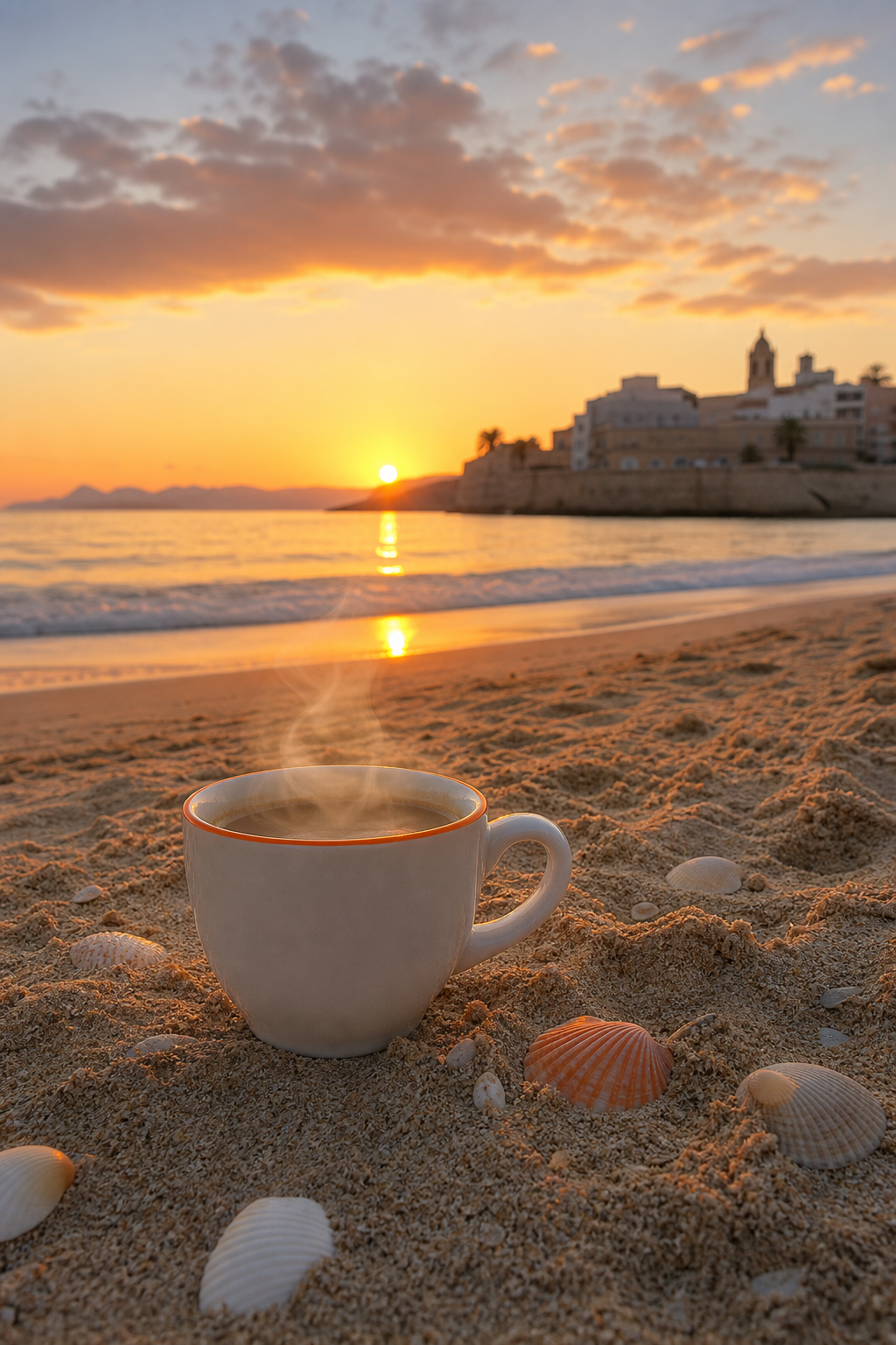 A realistic beach scene at sunrise with a coffee mug on a blanket in the sand, steam rising against pastel sky. Alt: coffee at sunrise on beach for beach lovers gift guide.
