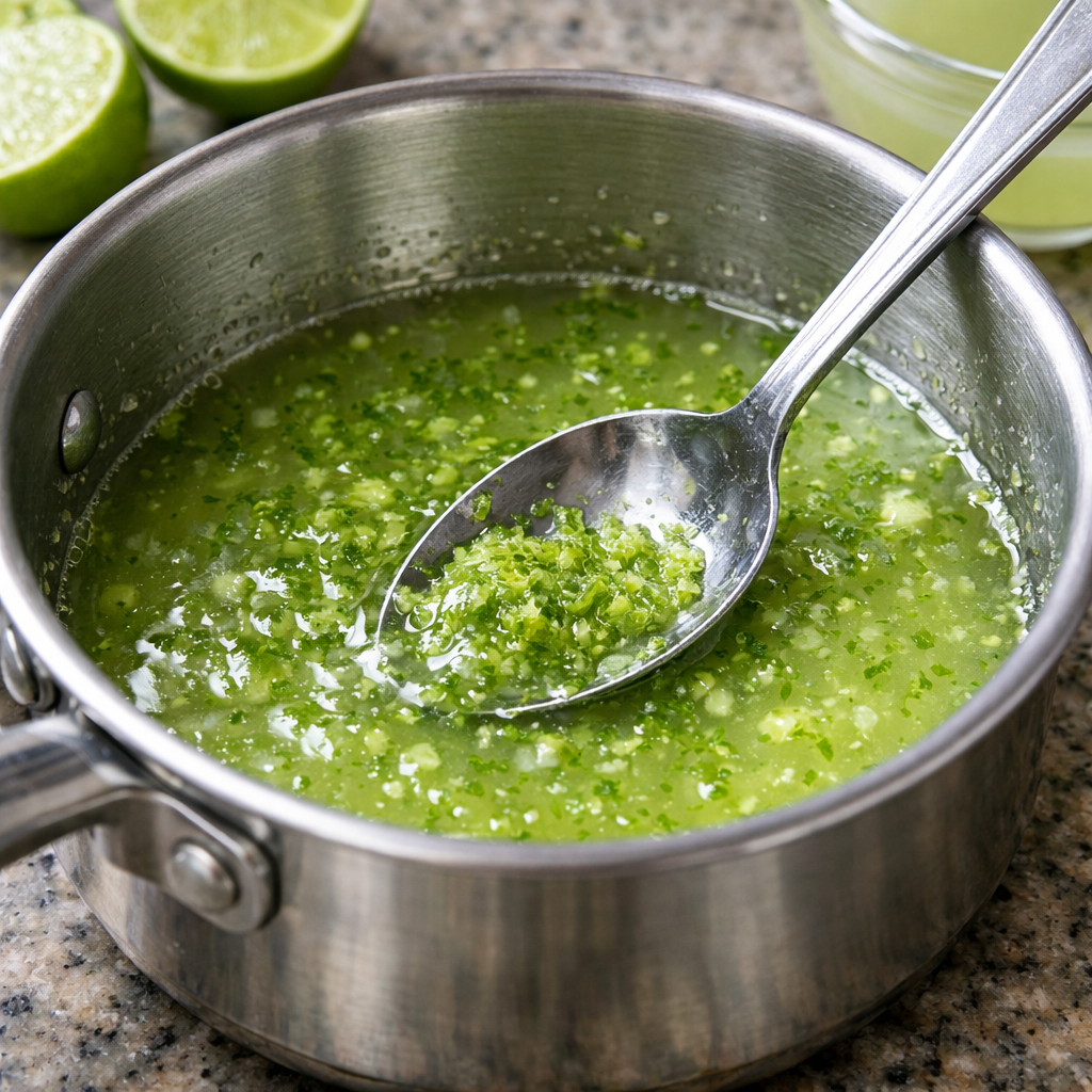 A photorealistic close‑up of fresh key lime zest and juice being stirred in a small stainless steel saucepan on a kitchen counter. Alt: key lime infusion preparation.