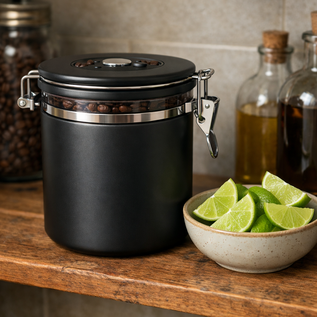 A realistic photo of a matte‑black airtight coffee container sitting on a wooden kitchen shelf beside a small bowl of key lime wedges. Alt: storing infused coffee beans for freshness.