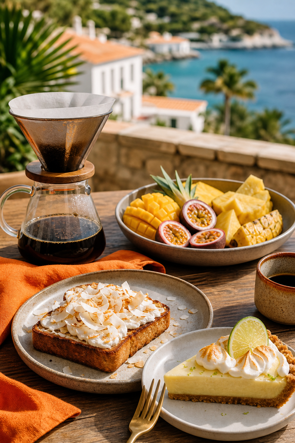 A vibrant brunch table featuring a pour‑over coffee beside tropical fruit, key‑lime pie and a coconut‑topped toast, evoking Florida Keys flavors. Alt: coffee pairing with citrus and coconut foods