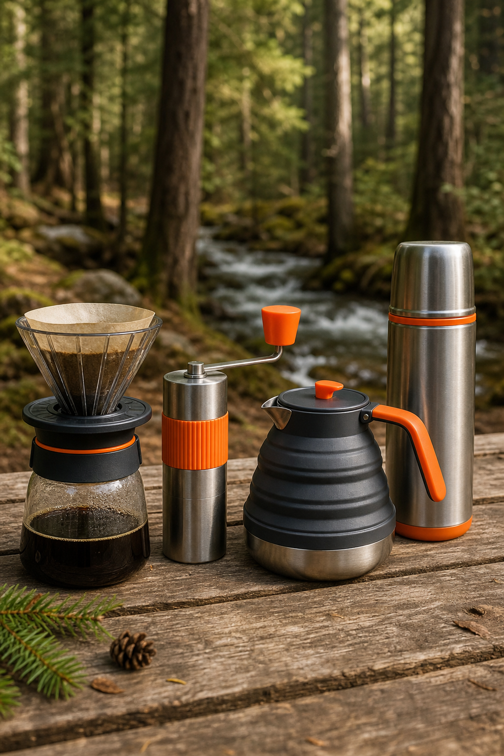 A flat lay of portable coffee brewing gear: a portable brewer, a hand grinder, a collapsible silicone kettle, and a stainless steel thermos, arranged on a picnic table with a forest backdrop. Alt: Portable coffee gear for road trip brewing.