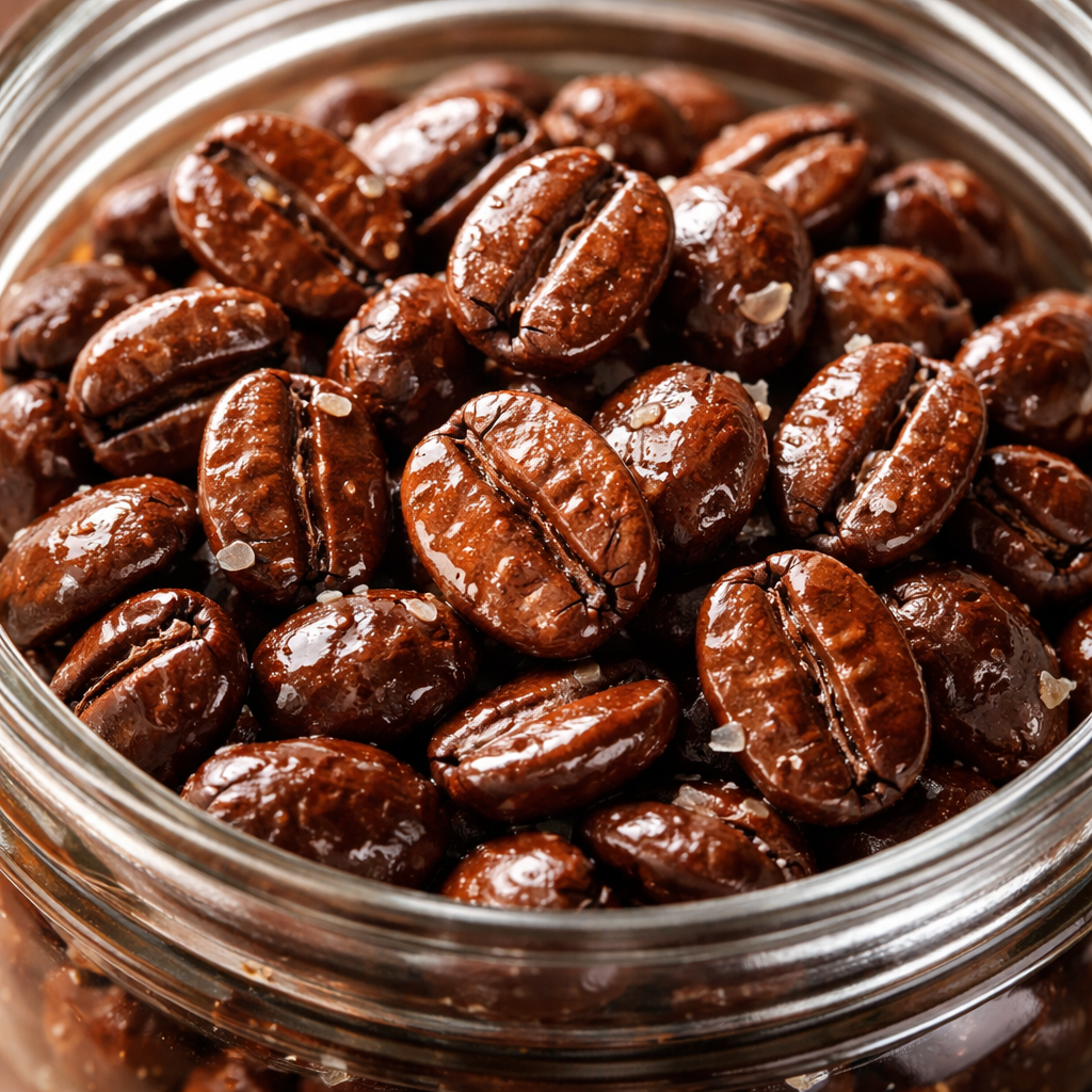 A realistic close‑up of whole coffee beans lightly coated with coconut oil in a clear glass jar, soft light highlighting the glossy surface. Alt: coffee beans with coconut flavor infused.