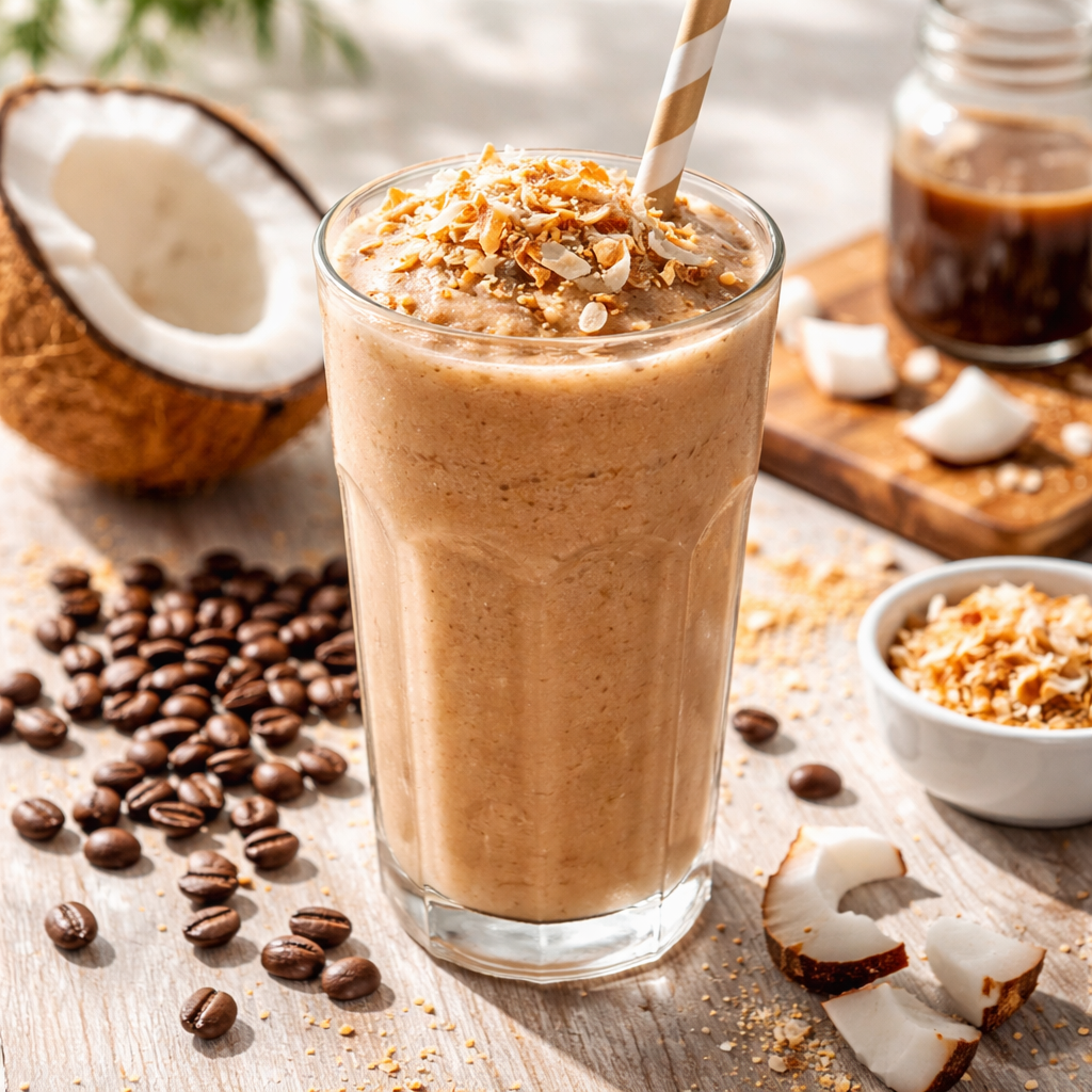 A realistic scene of a tall glass filled with a coffee coconut smoothie, topped with toasted coconut flakes and a straw, bright morning light on the table. Alt: coffee beans with coconut flavor smoothie.