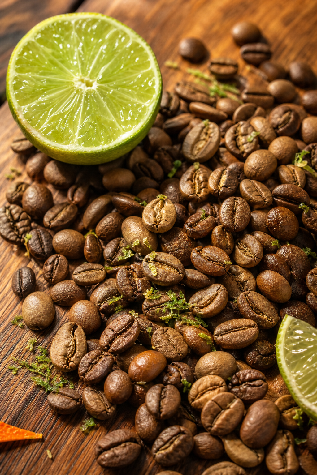 A photorealistic close-up of freshly roasted green and light-brown coffee beans on a wooden surface next to a halved key lime with visible juice and zest, natural morning light, warm tones. Alt: coffee beans with key lime flavor natural citrus notes close-up.
