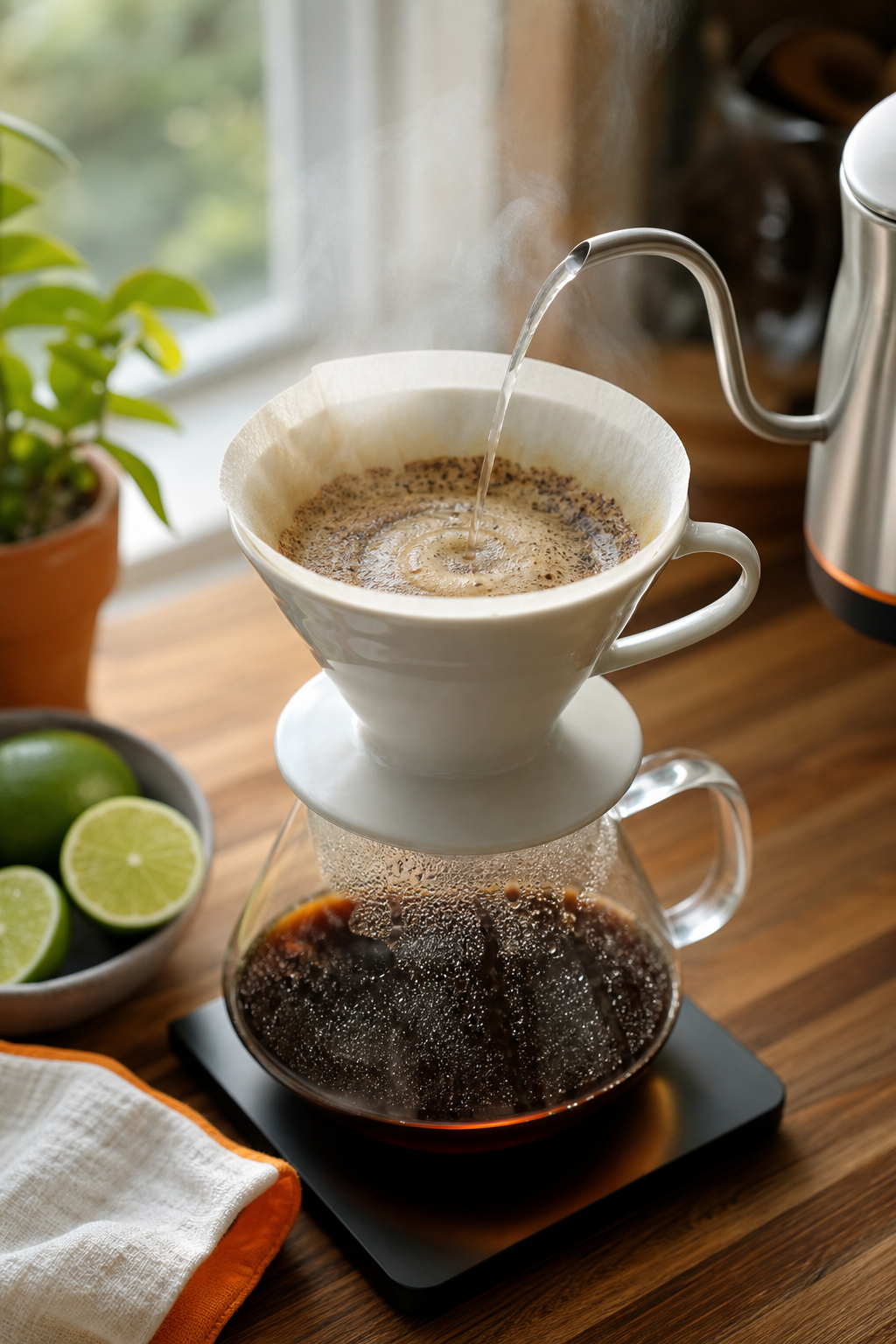 A photorealistic scene of a ceramic pour-over dripper on a wooden kitchen counter with freshly ground light-roast coffee in the filter, hot water being poured in a slow spiral, steam rising gently, natural window light. Alt: pour-over brewing method for coffee beans with key lime flavor citrus notes.