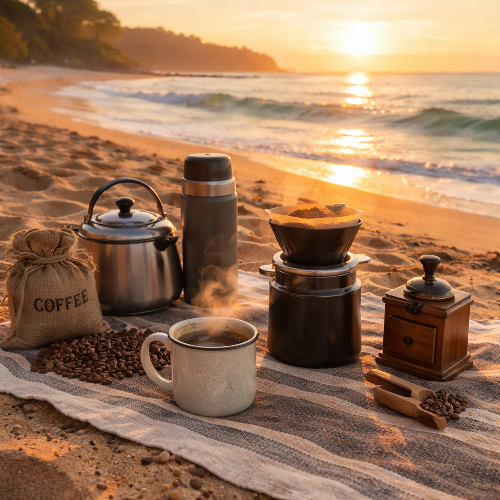 A realistic scene of a beach sunrise with a compact coffee brewing kit spread on a sand towel, coffee mug steaming, bright morning light. Alt: beach camping coffee gear setup