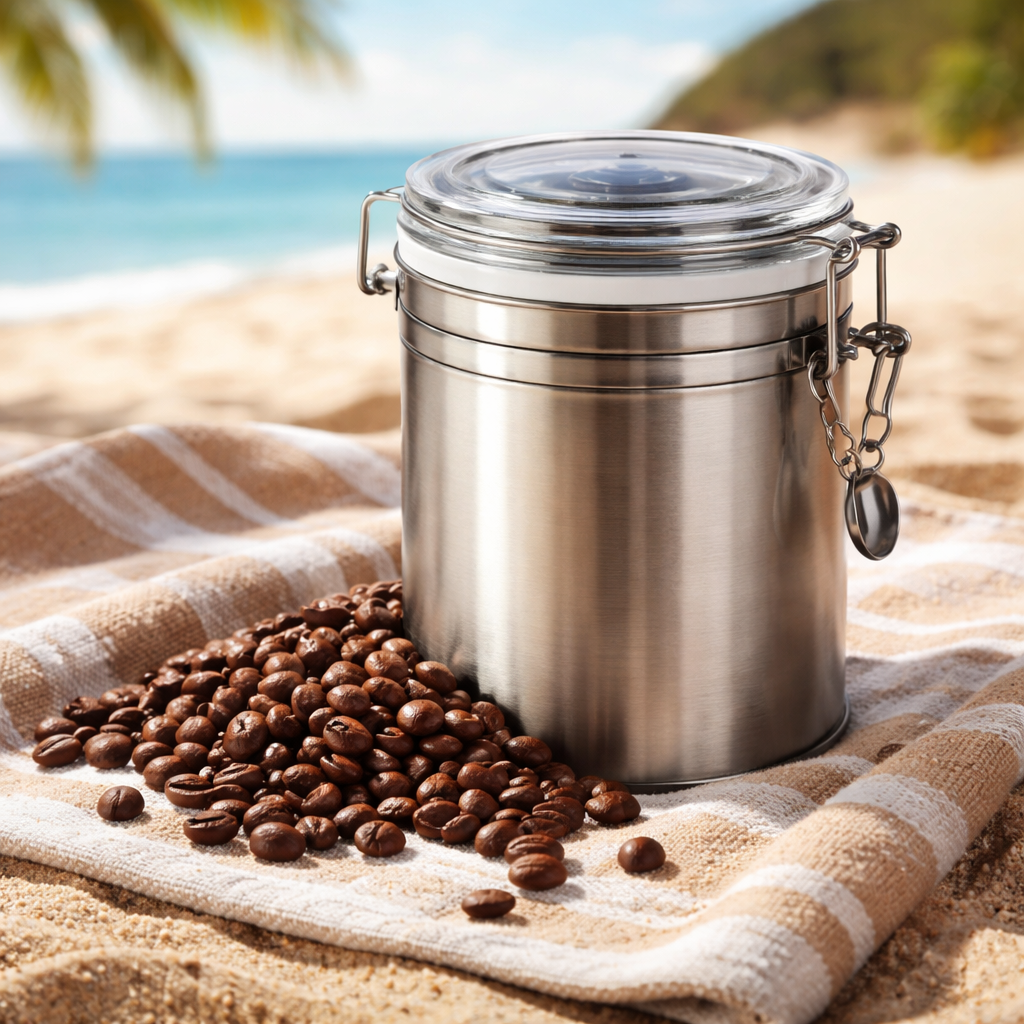A realistic close‑up of an airtight stainless steel coffee canister with a silicone seal, coffee beans spilling slightly onto a sand towel. Alt: beach coffee storage solution