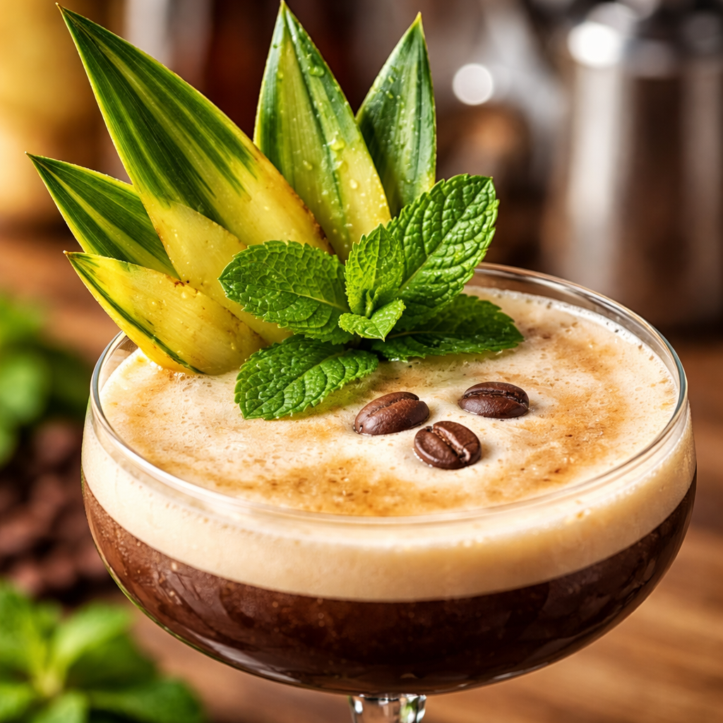 A close‑up of a cocktail glass garnished with a pineapple leaf fan and a mint sprig, realistic style, alt: pineapple garnish for coffee cocktail
