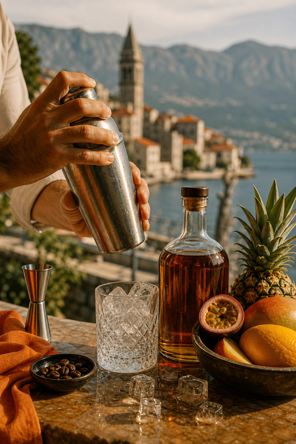 A realistic shot of a cocktail shaker, ice cubes, a bottle of rum, and a bowl of tropical fruit beside it. Alt: shaking coffee cocktail with tropical fruit
