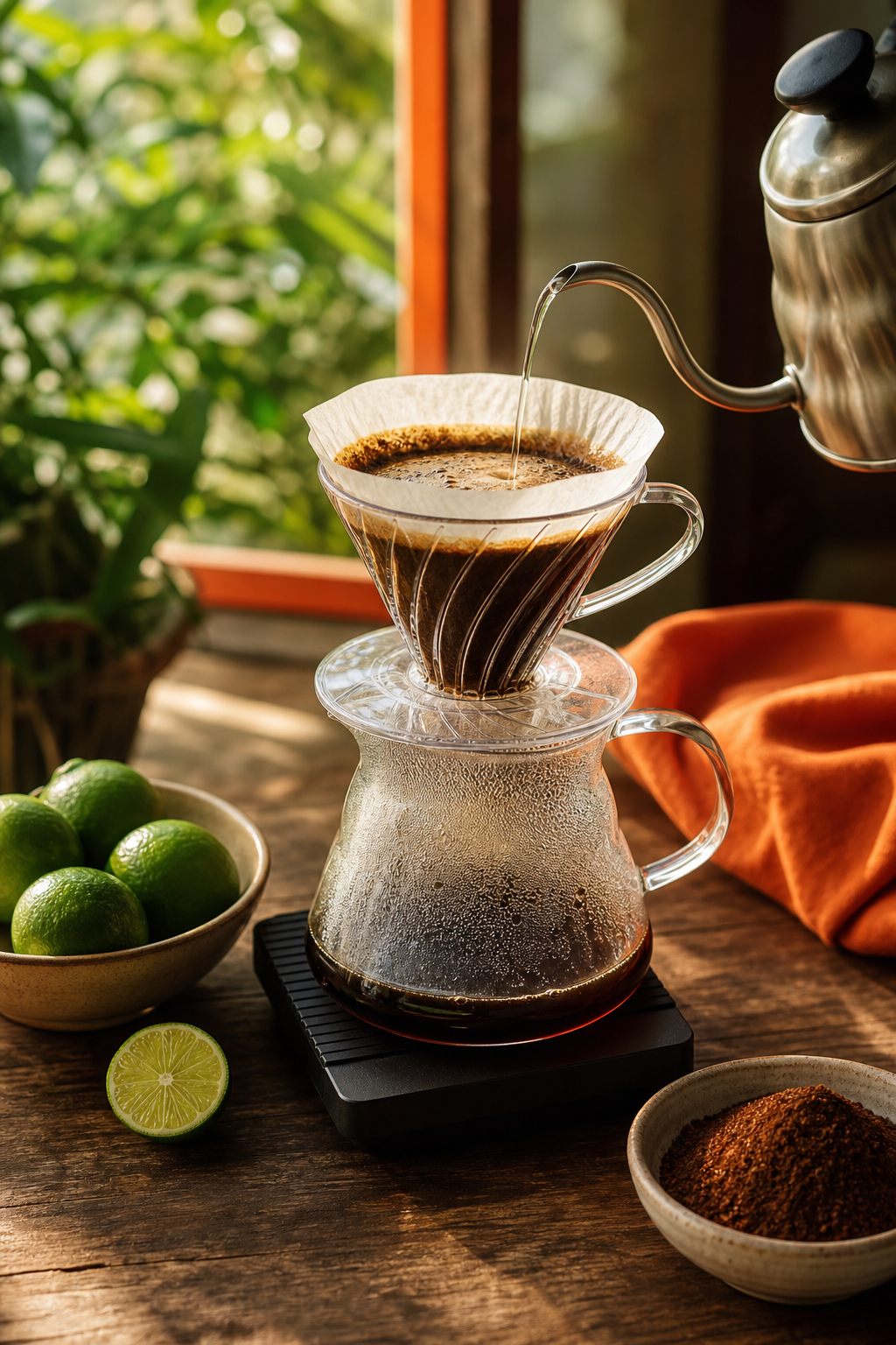 A pour-over coffee setup with a glass carafe, freshly ground coffee, and a bowl of key limes on the side, natural sunlight. Alt: Pour-over brewing method ideal for citrus coffee flavor.