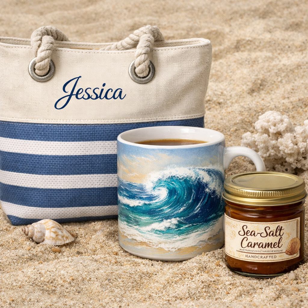 A realistic illustration of a beach tote, a wave‑patterned mug, and a small jar of sea‑salt caramel on a sandy background. Alt: personalized coastal coffee gift set