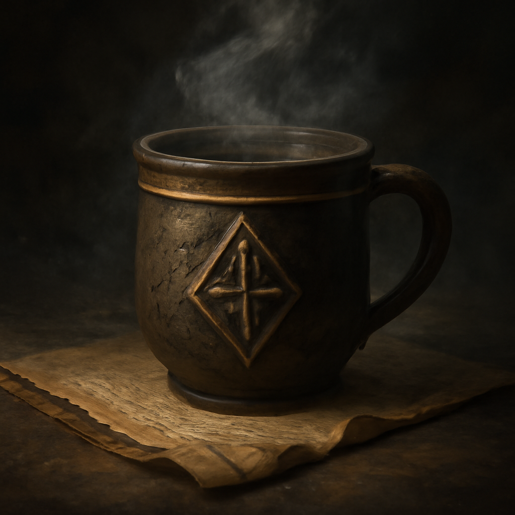 An atmospheric scene of a rune-etched ceramic mug resting on a parchment scroll, with faint mist rising and a subtle gold ribbon accentuating the design. Alt: Frostveil coffee gift set atmospheric illustration