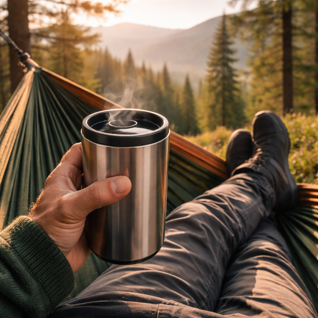 A realistic outdoor scene showing a hiker holding a sleek stainless steel double‑wall vacuum coffee mug while perched in a hammock, soft morning light, detailed texture on the mug, Alt: coffee mug for hammock camping, lightweight durable stainless steel