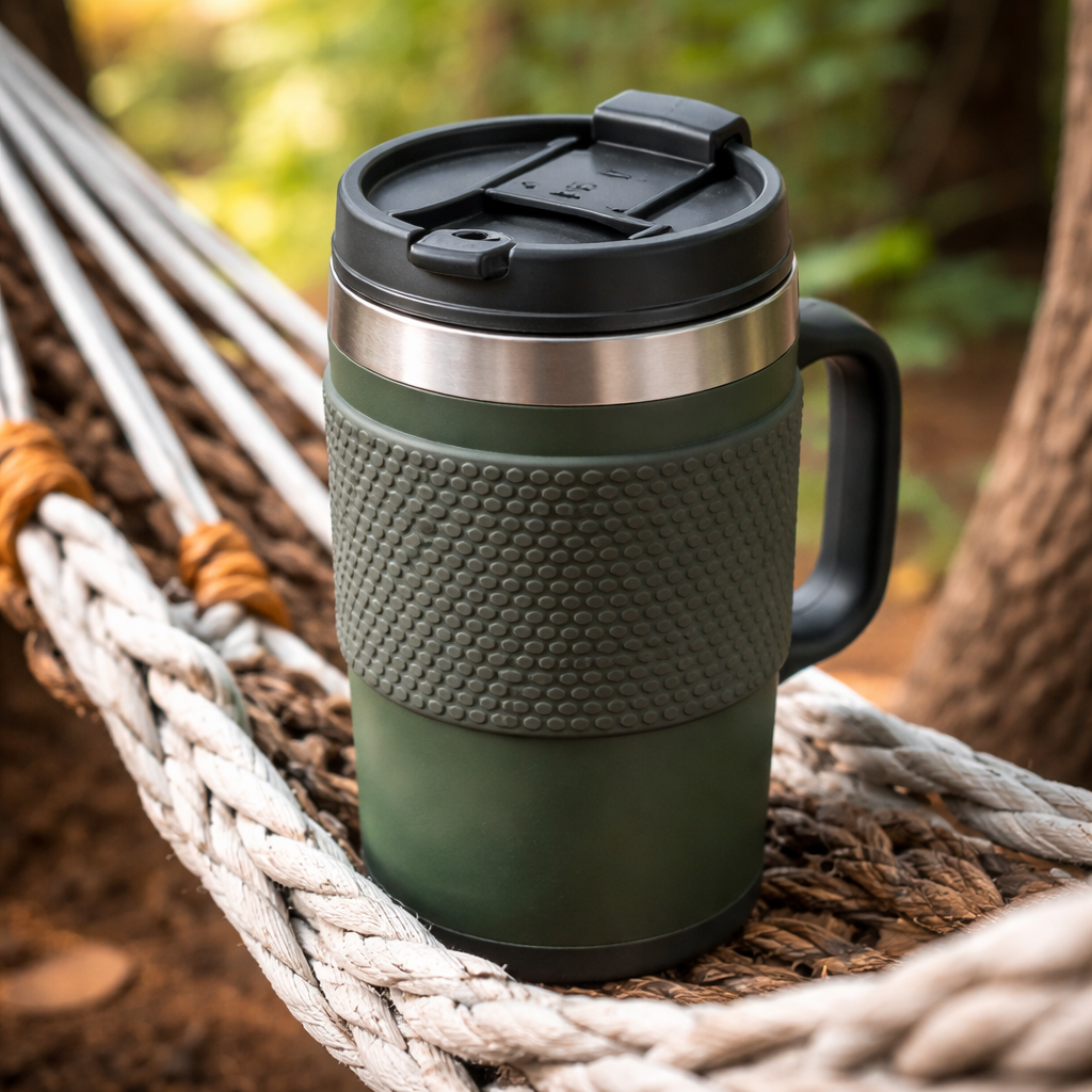 Realistic close‑up of a coffee mug with a textured silicone grip and a magnetic spill‑proof lid, sitting on a hammock rope, Alt: coffee mug for hammock camping with comfortable grip and insulation