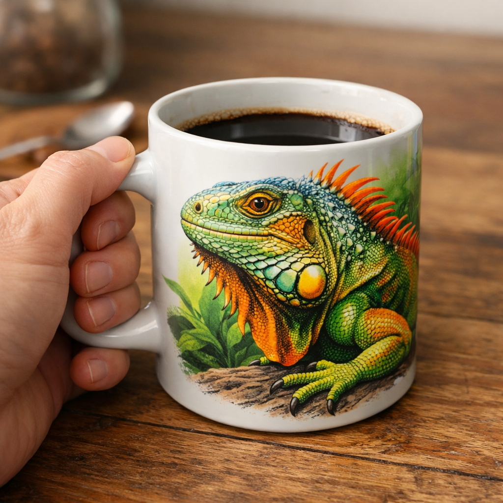 A realistic close‑up of a hand holding a white ceramic coffee mug with a bright iguana illustration, soft natural light, alt: coffee mug with iguana design on a wooden table