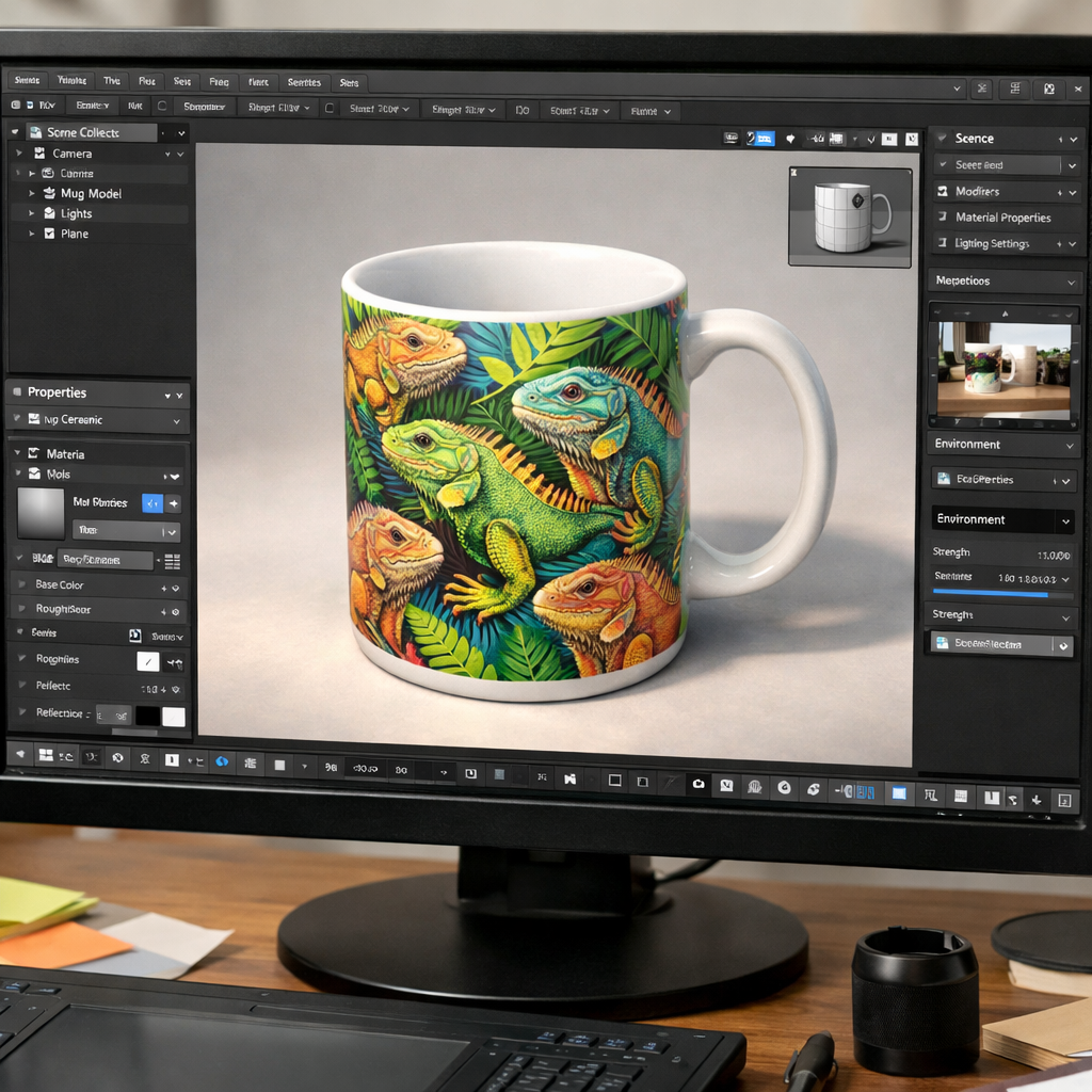 A realistic illustration of a designer’s screen showing a 3‑D mock‑up of a ceramic mug with a colorful iguana pattern, soft shadows, alt: coffee mug with iguana design mockup