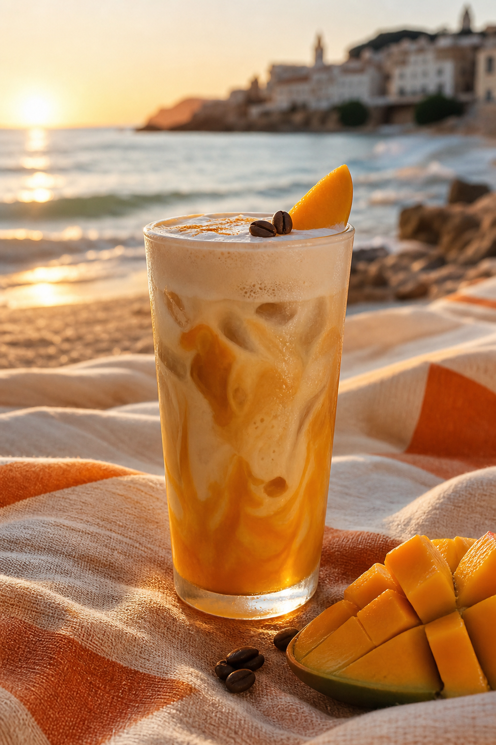 A photorealistic close-up of a glass of iced coffee with mango chunks and ice cubes on a wooden deck, with sunlight filtering through the drink. Alt: Bali Blue iced coffee with mango chunks.