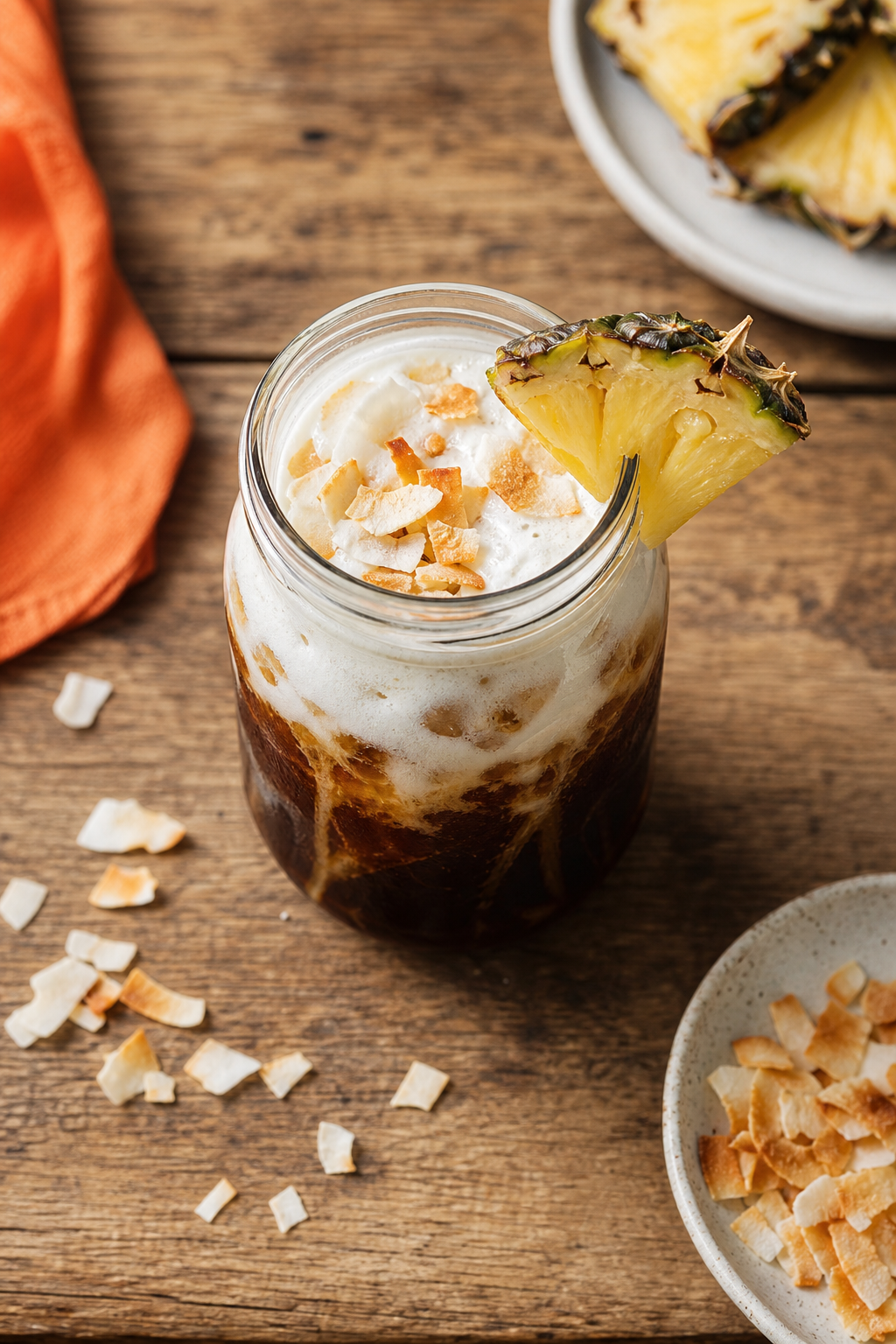 A photorealistic image of a tall glass of piña colada cold brew with a creamy coconut layer on top, garnished with a pineapple wedge, sitting on a sandy beach towel. Alt: Piña colada cold brew with coconut cream.