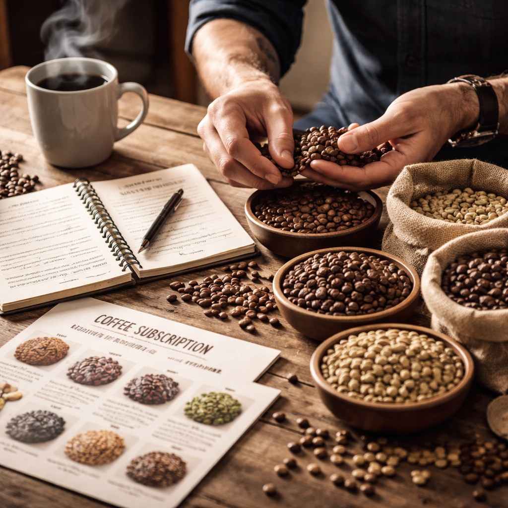 A photorealistic scene of a coffee lover sorting through a variety of coffee beans on a wooden table, with a notebook and a steaming mug beside them. Alt: coffee subscription variety selection guide