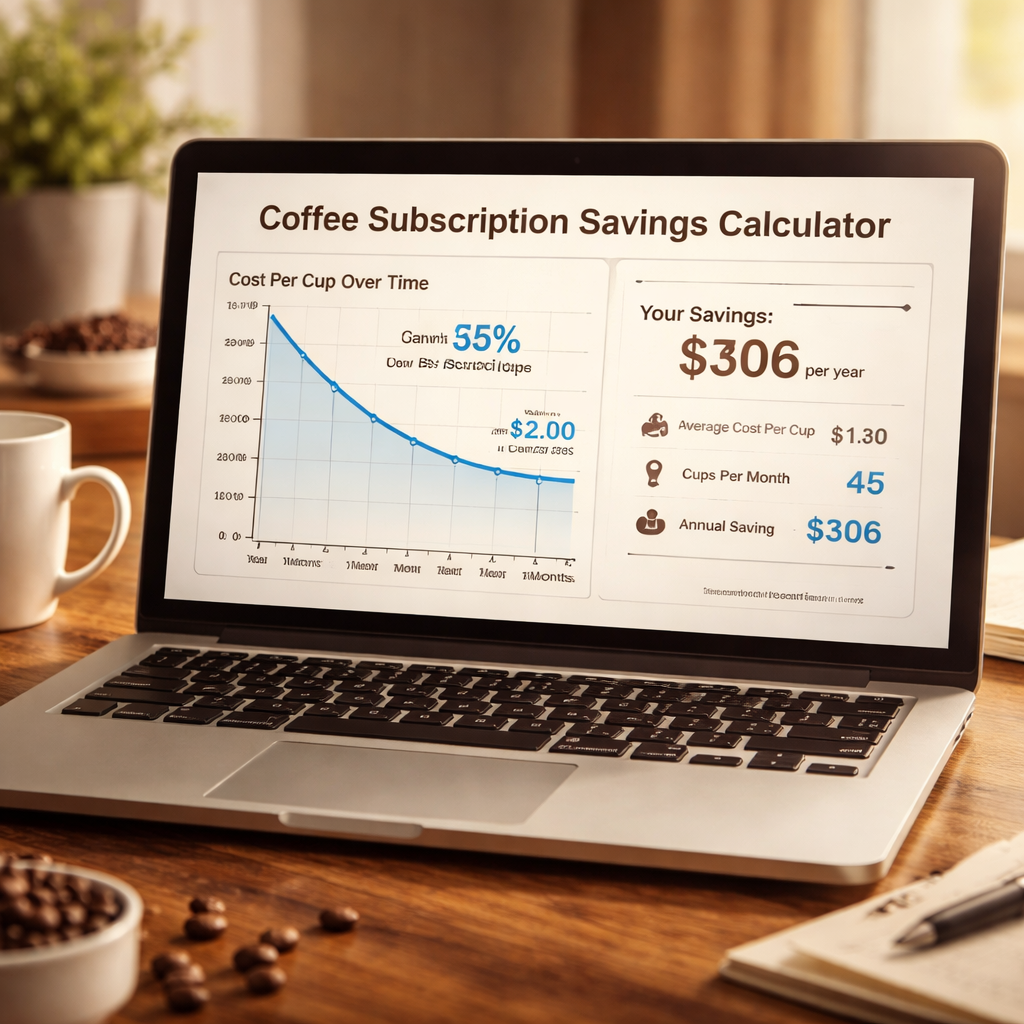 A realistic illustration of a coffee subscription savings calculator on a laptop screen, with graphs showing cost per cup decreasing over time. Alt: coffee subscription cost savings visual