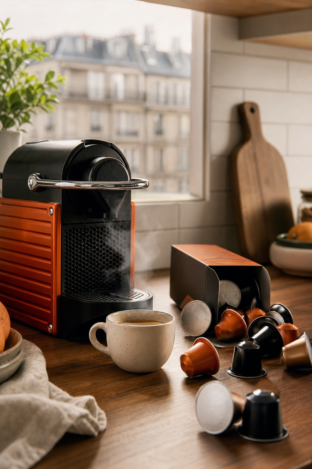 A realistic kitchen scene with a coffee pod machine, a steaming cup of coffee, and a box of single‑serve capsules spilling onto a wooden countertop. Alt: coffee pod subscription discount