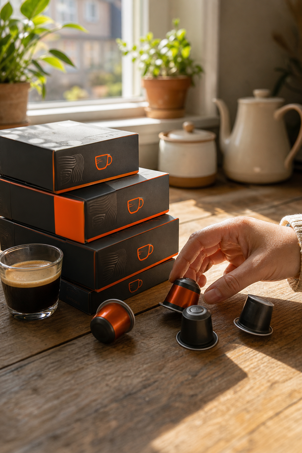 A close‑up of a wooden table with a stack of coffee pod boxes, a hand reaching for a pod, and sunlight streaming through a window. Alt: coffee subscription bulk discount