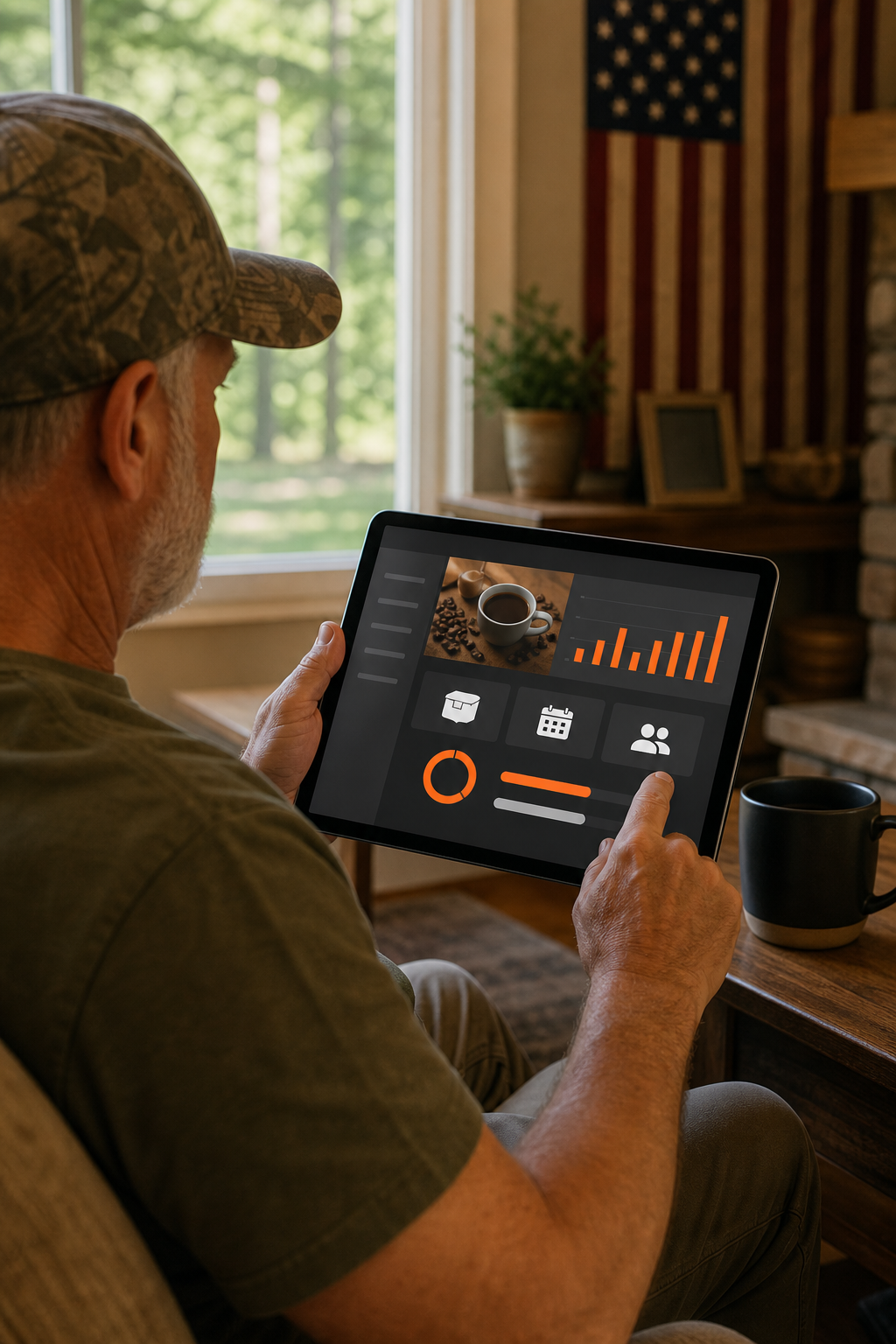 A realistic illustration of a veteran reviewing a coffee subscription dashboard on a tablet, with a coffee mug nearby. Alt: veteran maximizes coffee savings and referral benefits