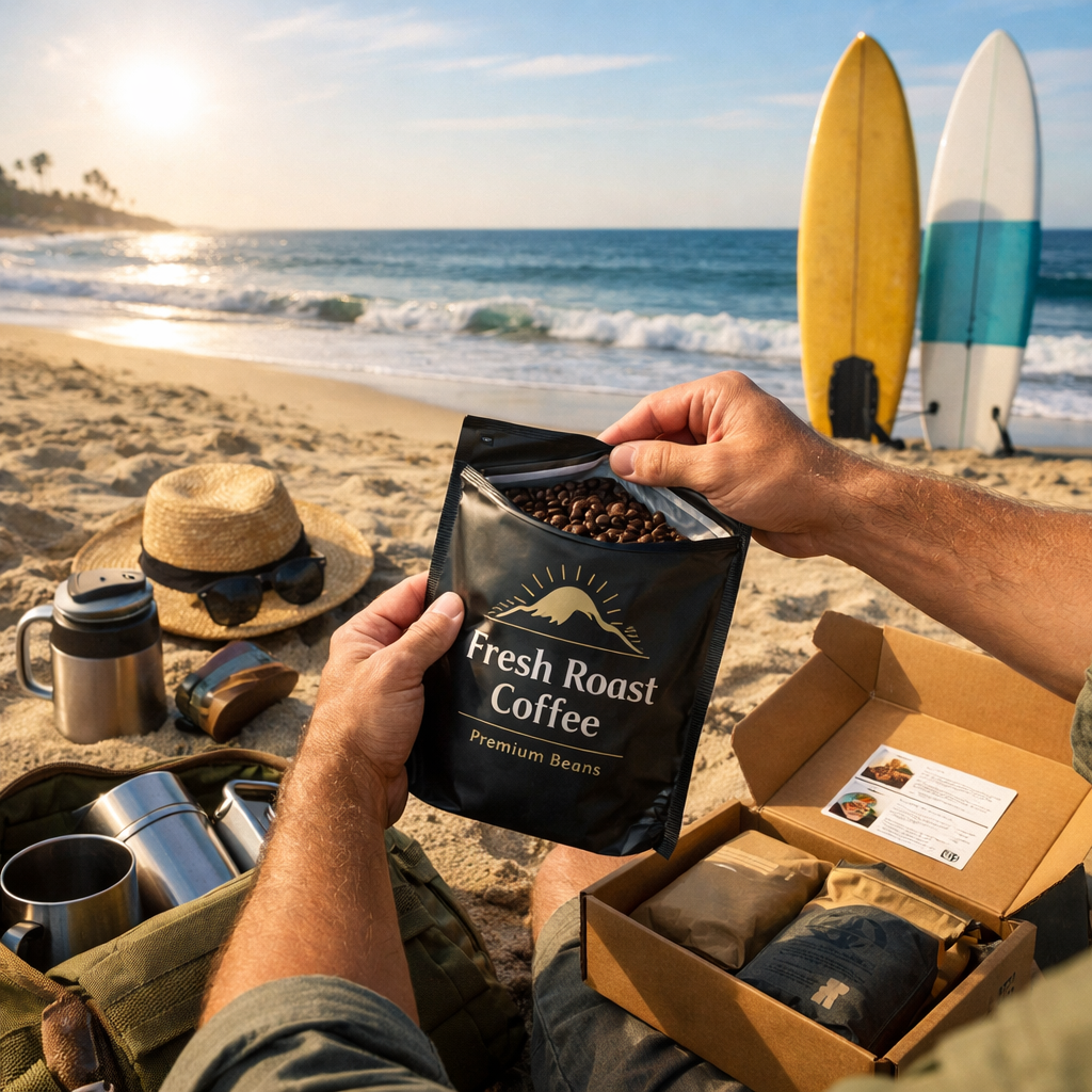Realistic beach scene with a traveler opening a coffee bag, sun, sand, surfboards. Alt: coffee subscription beach packing