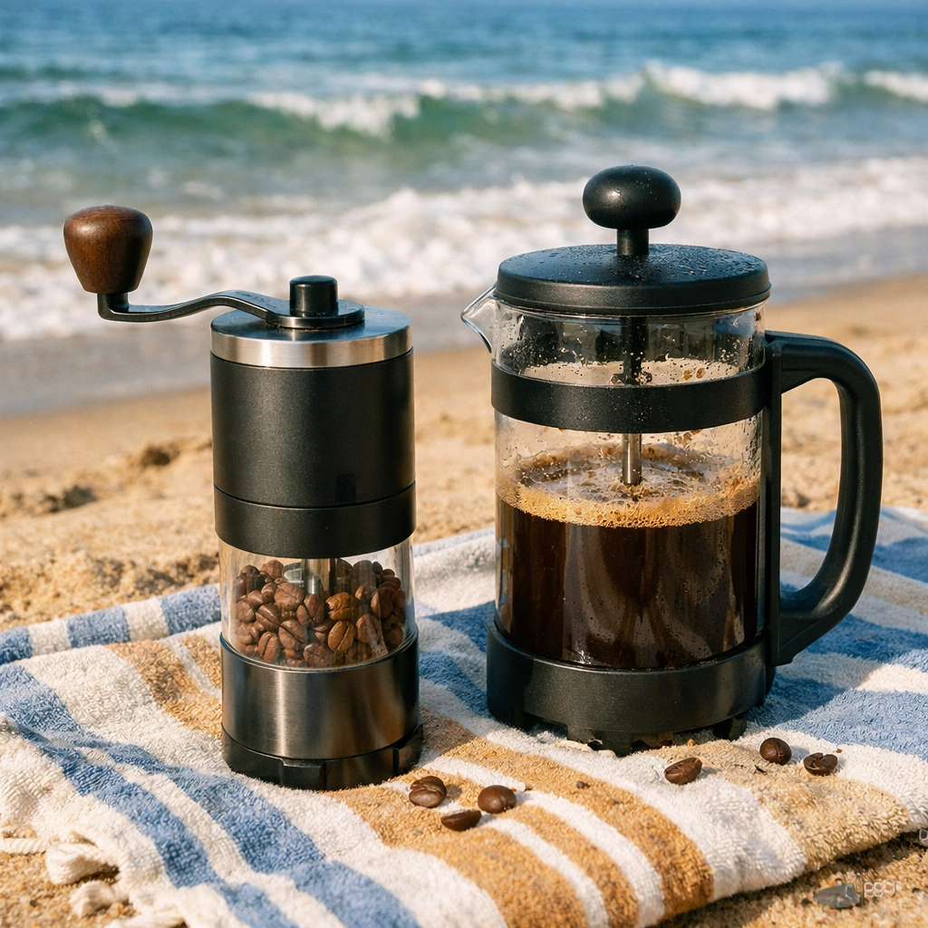 Close-up of a portable coffee grinder and French press on a beach towel, waves in background. Alt: brewing coffee on the sand
