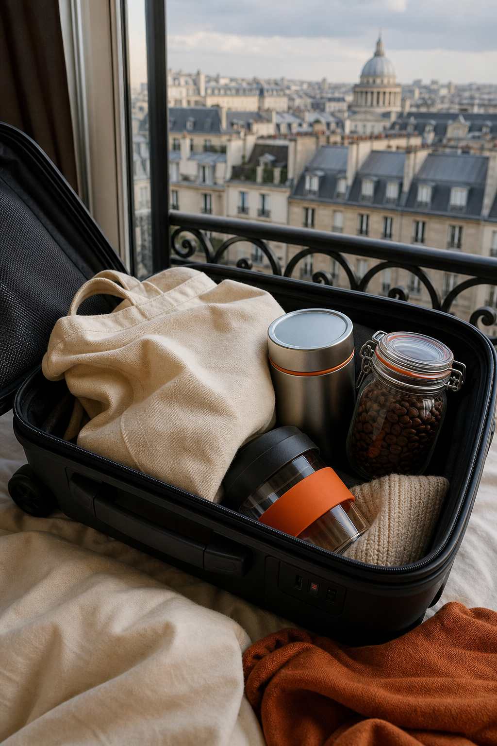 A realistic flat lay of several small bags of coffee from the Best Sellers Sample Pack on a map, with travel gear like a passport and compass. Alt: Best Sellers Sample Pack coffee bags on travel map for coffee subscription frequent flyers