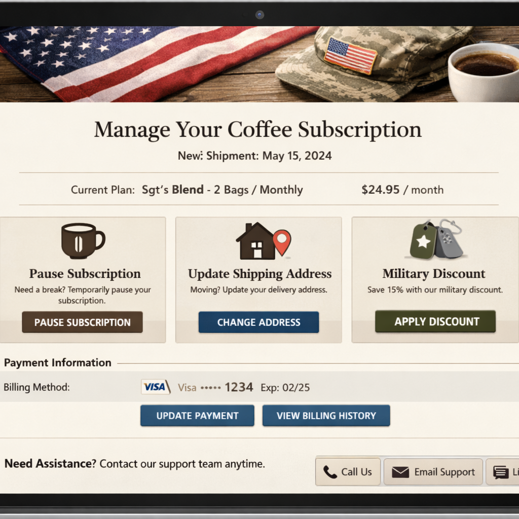 A realistic illustration of a coffee subscription payment dashboard showing options to pause, change address, and apply a military discount. Alt: coffee subscription payment management for military families