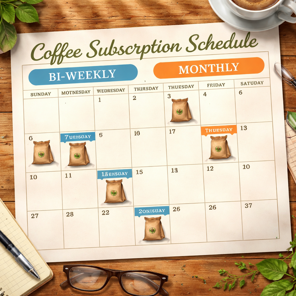 A realistic illustration of a calendar with coffee bag icons on delivery dates, showing bi‑weekly and monthly options. Alt: coffee subscription for retirees delivery schedule