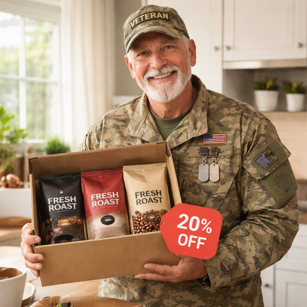 A photorealistic scene of a veteran holding a coffee subscription box with a discount tag, standing in a bright kitchen, realistic lighting, appealing to coffee lovers of all ages. Alt: veteran coffee subscription discount